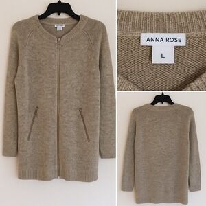 Anna Rose Women's L Cardigan Sweater Beige Heather Knit Full Zip Front Pockets